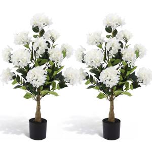 2 Pack 3ft Artificial Hydrangea Tree Faux Hydrangea Plant Indoor Outdoor Fake Flower Tree with Cement Base Pot Real to Touch Plant Decoration for Home Garden Office Housewarming Wedding(White)