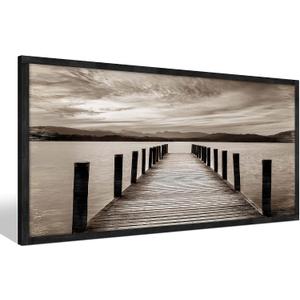 Pier Wooden Framed Wall Art: Lake Dock Scene Picture Mountain Landscape Painting Nature Prints Artwork for Bedroom Bathroom Living Room, 40"L x 20"W
