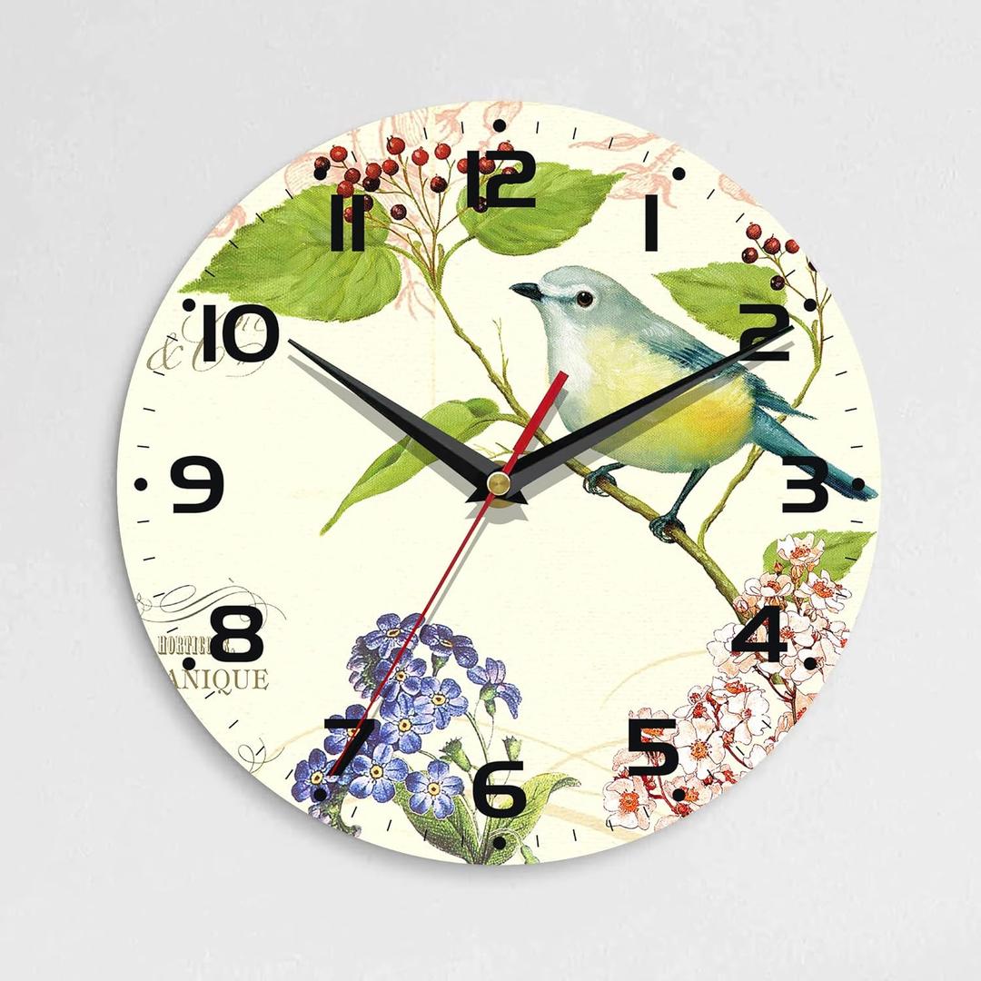 Wall Clock, 10 Inch Silent Non-Ticking Home Kitchen Decor, Battery Operated for Bathroom Bedroom Living Room Office(Vintage Watercolor Bird Flower)