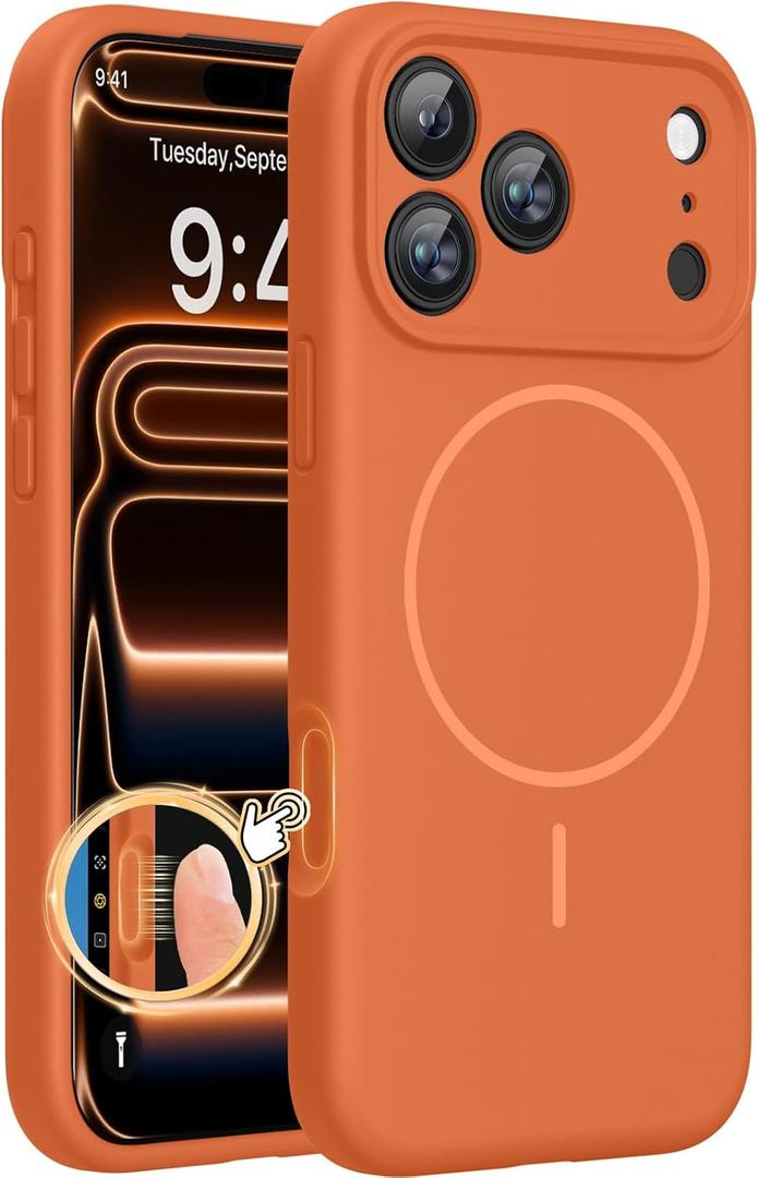 Miracase Magnetic for iPhone 17 Pro Case, Compatible with MagSafe, Integrated Silicone Camera Control Cover, 3.0mm Thicken Shockproof Drop Protection Phone Case for 17 Pro,Orange