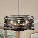 5-Light Drum Chandelier, 18.9'' Rustic Farmhouse Dining Room Light Fixture, Metal Faux Wood Black Round Chandeliers for Dining Room Kitchen Entryway Living Room
