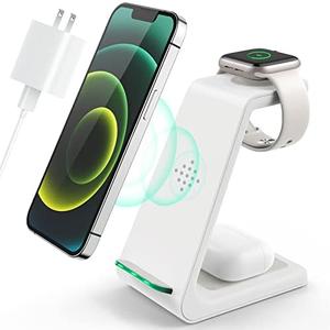 White 3 in 1 Wireless Charging Station, 2025 Upgraded Fast Desk Charger Station for iPhone 16 15 14 13 12 Pro Max Plus, Charger Stand for Apple Watch 10 9 8 7 6 5 4 3 2 SE, Airpods 4 3 2 Pro