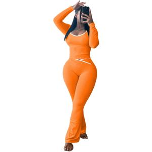HBQ 2 Piece Sets For Women Casual Contrast Binding Crop Top and Flare Pants Lounge Sets Tracksuit (Orange)2XL