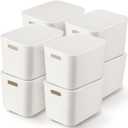 Tuanse 8 Pieces White Plastic Storage Bins with Lids, Stackable Storage baskets with Handle Containers Box for Shelves Drawers Desktop Playroom Classroom Office Organization(14 x 10.5 x 9.6 Inches)