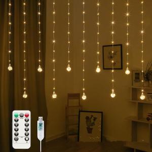 Minetom 200 LED Curtain Fairy Lights - 9.8 FT Wishing Ball Window Hanging Lights with Remote, USB Powered Waterproof for Christmas Wedding Bedroom Decoration, Warm White