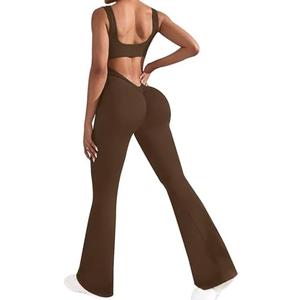 OLCHEE Womens Flare Jumpsuits One Piece Seamless Butt Scrunch Workout Romper Square Neck Backless Wide Leg Unitard Size XL