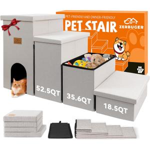 Dog Stairs with Condo 23" H, 4-Step Wider Folding Storage Pet Stairs Gift for Small/Medium/Large Old Dogs Cats, Dog Steps for High Beds Window, Ramp for Climbing Car Up to 200 lbs, Beige