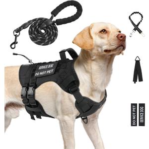 No Pull Tactical Dog Harness for Large Dogs, Escape Proof Molle Dog Vest Harness and Leash Set, Adjustable Military Service Dog Harness with Handle for Dogs(Black, L)