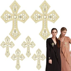 Suncalla 6 Pcs Gold Rhinestone Cross Patch Applique Crystal Cross Iron on Patches Sew on Clothing Patches for Clothes Bag Dress Jacket Repairing Mixed Size