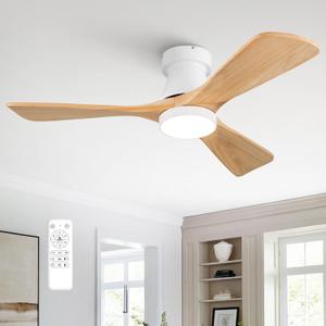 42-Inch Ceiling Fan with Lights, Remote Control, Flush Mount, Dimmable, Reversible, Wood Blades, Power-Off Memory, Quiet DC Motor  Modern Hugger Ceiling Fan for Living Room, Bedroom, Patio