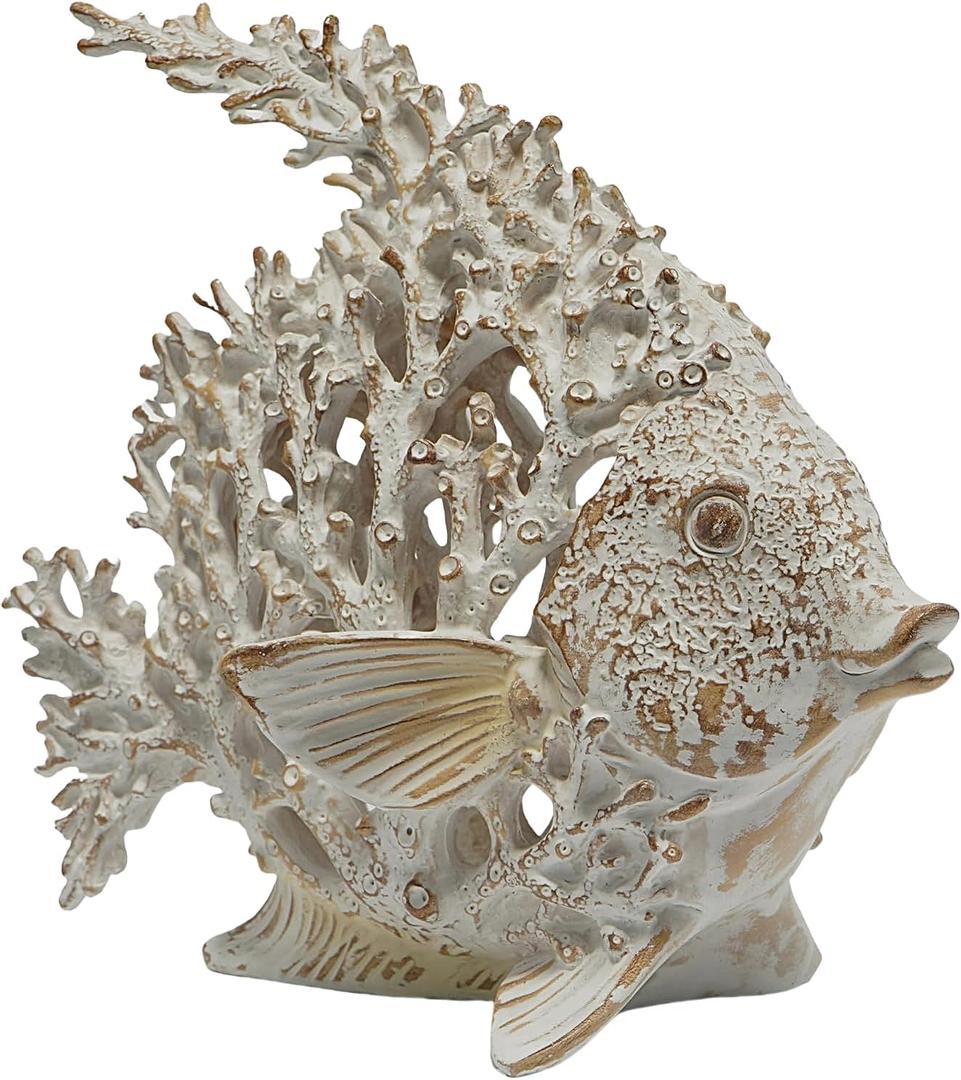 VVGIFTS Beach Coastal Decor Coral Reef Angelfish Home Office Desk Decor Sculpture Statue for Tabletop Shelf Bathroom Decoration Ornament Gift (White)