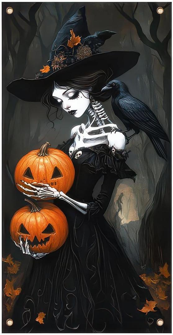 3 x Skeleton Witch Holding Pumpkins Door Cover Halloween Decorations 35x71 Inch Gothic Haunted House Banner for Scary Party Indoor Wall Backdrop
