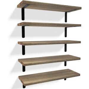 RICHER HOUSE Rustic Wood Shelves Set of 5, Farmhouse Style Floating Shelf for Wall Decor, Hanging Shelves for Bathroom, Bedroom, Storage, Kitchen, Living Room - Carbonized Black