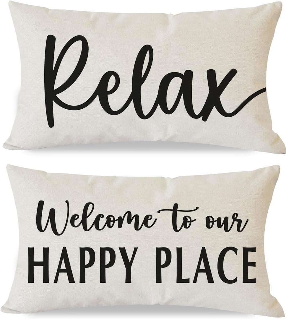 Welcome to Our Happy Place Relax Decorative Throw Pillow Covers 12x20 Inch Set of 2 Sayings Outdoor Modern Farmhouse Decor Cozy Lumbar Cushion Case Decoration for Home Sofa Couch Living Room (Cream)