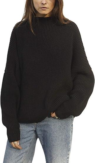 Ugerlov Women's Oversized Sweaters Batwing Sleeve Mock Neck Jumper Tops Chunky Knit Pullover Sweater,Black L/XL