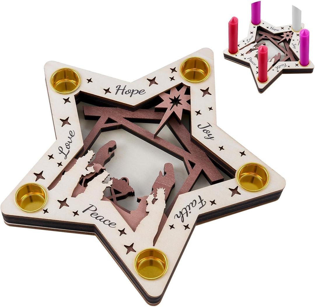 APUDWN Christmas Advent Wreath Candle Holder, Wooden Nativity Scene Advent Candlestick, 5-Hole Star Shape Wreath Candle Holder for Christmas Nativity Christian Table Centerpiece Gifts (Pentagram)