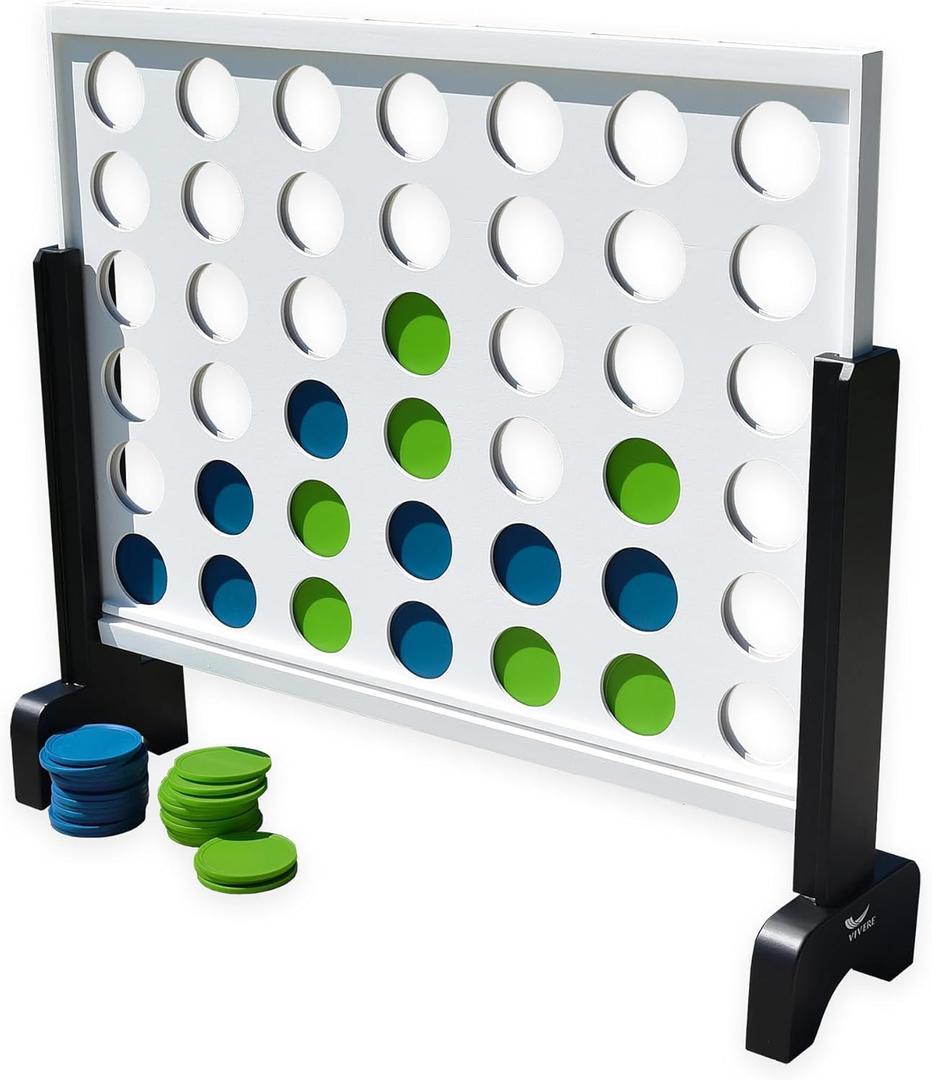 Vivere Giant 4-in-Row Outdoor Game  Premium Pine Wood, Oversized Classic Connect Four, Family-Friendly, Sturdy Plastic Pieces, Indoor/Outdoor, Portable with Carrying Case