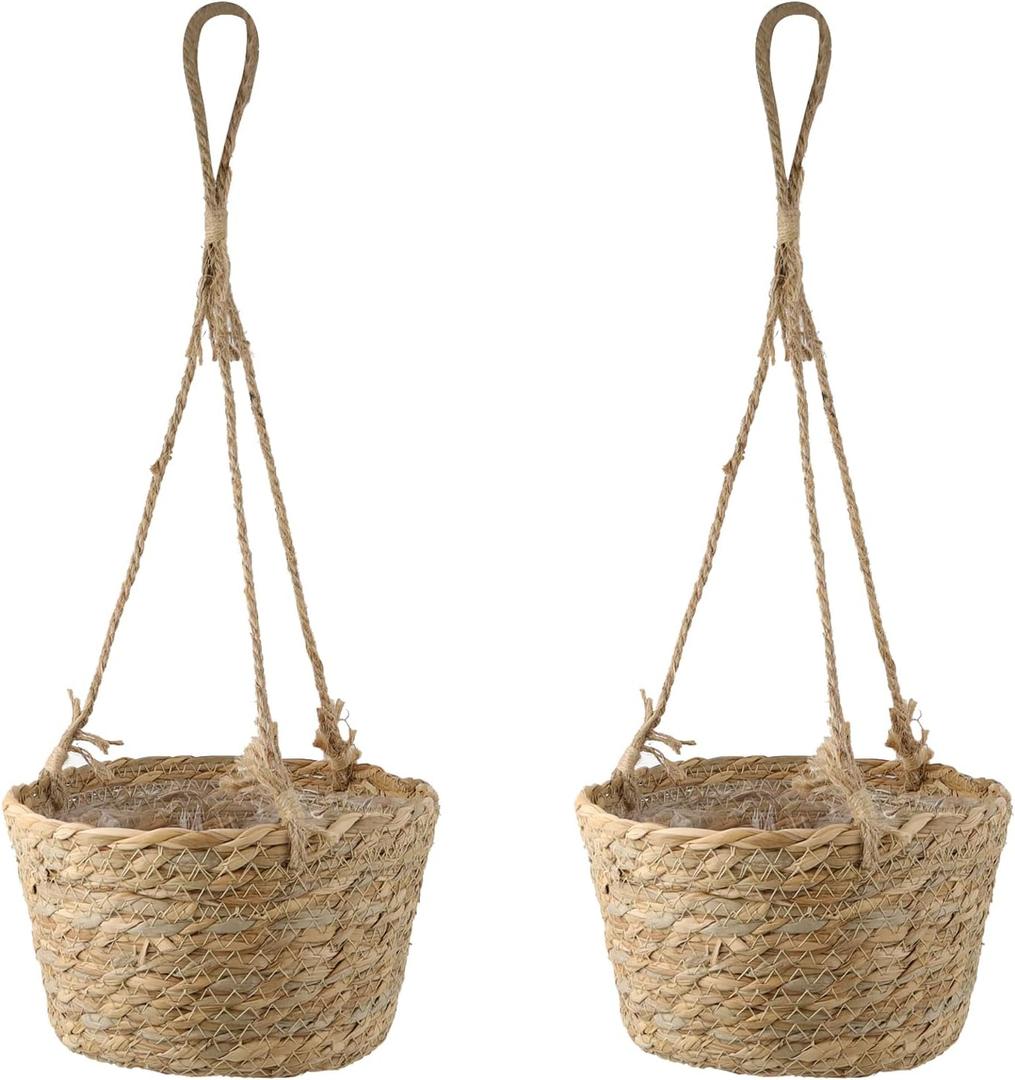 MY MIRONEY 2PCS Hanging Planter Basket Natural Seagrass Woven Plant Pot Hanger Hanging Plant Holder with Twine for Home Decor, Indoor & Outdoor Use, 8.11" x 4.96", Khaki