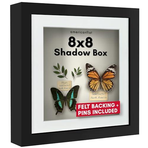 Americanflat 8x8 Shadow Box Frame with Shatter-Resistant Glass - Use as 6x6 Frame with Mat or 8x8 Without Mat - Silhouette Collection - Black with Soft Felt Back