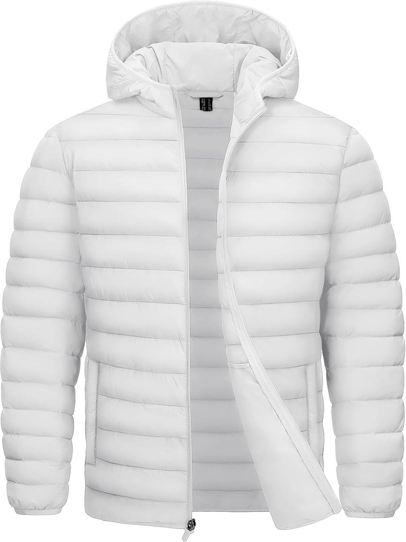 TACVASEN Men's Lightweight Puffer Jacket with Hood Water Resistant Windproof Insulated Jacket Quilted Lined Winter Coats (Large, White)