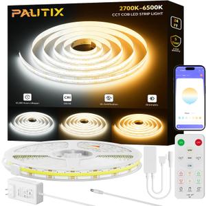PAUTIX COB LED Strip Lights 2700K-6500K CCT Tunable White 24ft UL-Listed Dotless LED Lights Super Bright Dimmable 24V LED Tape Light with APP/RF Remote Control,Under Cabinets Bedroom Kitchen Lighting