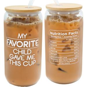 Mothers Day Gifts for Mom from Son, Mom Cup, for Dad from Daughter -16 oz Coffee Glass, Momma Gifts, Daddy Gift, Funny Mother Gift, From Favorite Child Coffee Glass