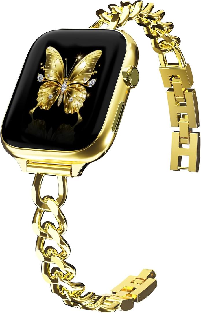 Slim Gold Chain Watch Bands Women Elegant Compatible with Apple Watch Band 42mm(S3/2/1) 44mm 45mm 46mm 49mm Adjustable Metal Strap Link Bracelet for iWatch Series 10/9/8/7/6/5/4/3/2/1/SE(No Case)