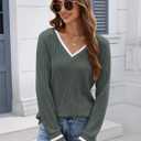 V Neck Long Sleeve Shirts for Women Fall 2025 Casual Business Ribbed Knit Sweater Cute Work Outfits (Small)