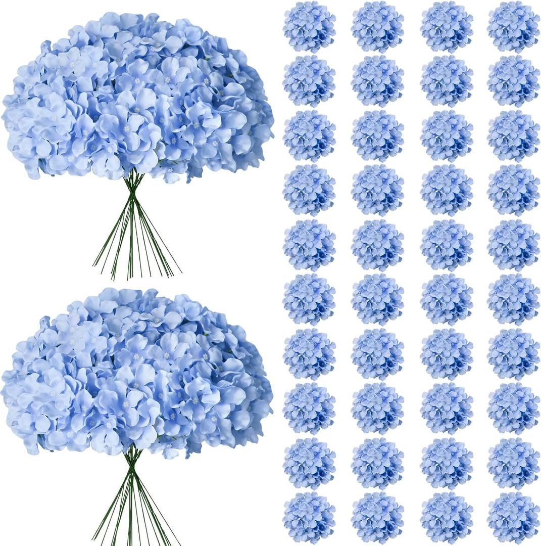 65Pcs Blue Hydrangea Artificial Flowers BulkRealistic Silk Fake Flowers with StemsFaux Hydrangea Flowers for Wedding Home Decor Centerpieces Living Room Garden Party Baby Shower Decoration