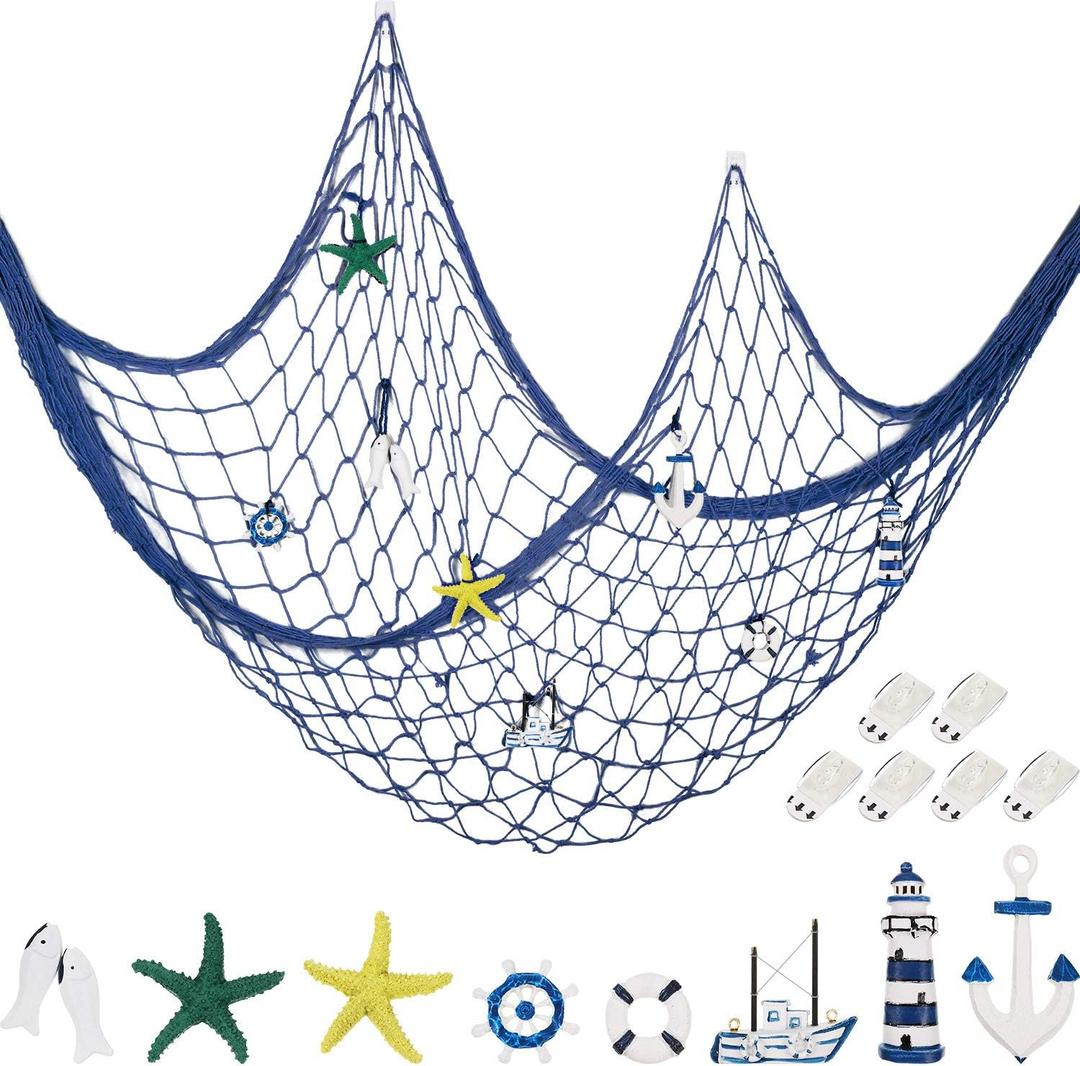 Decorative Fishnet Nautical Fishing Net Wall Hanging Decor, 8 Pieces Starfish, Sailboat, Lighthouse, Life Ring, Rudder, with Transparent Hook for Mermaid Mediterranean Party (Blue)