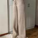 Verdusa Women's Straight Leg Pants Drawstring Waist Knitted Extra Long Trousers Fall Outfit Khaki Medium