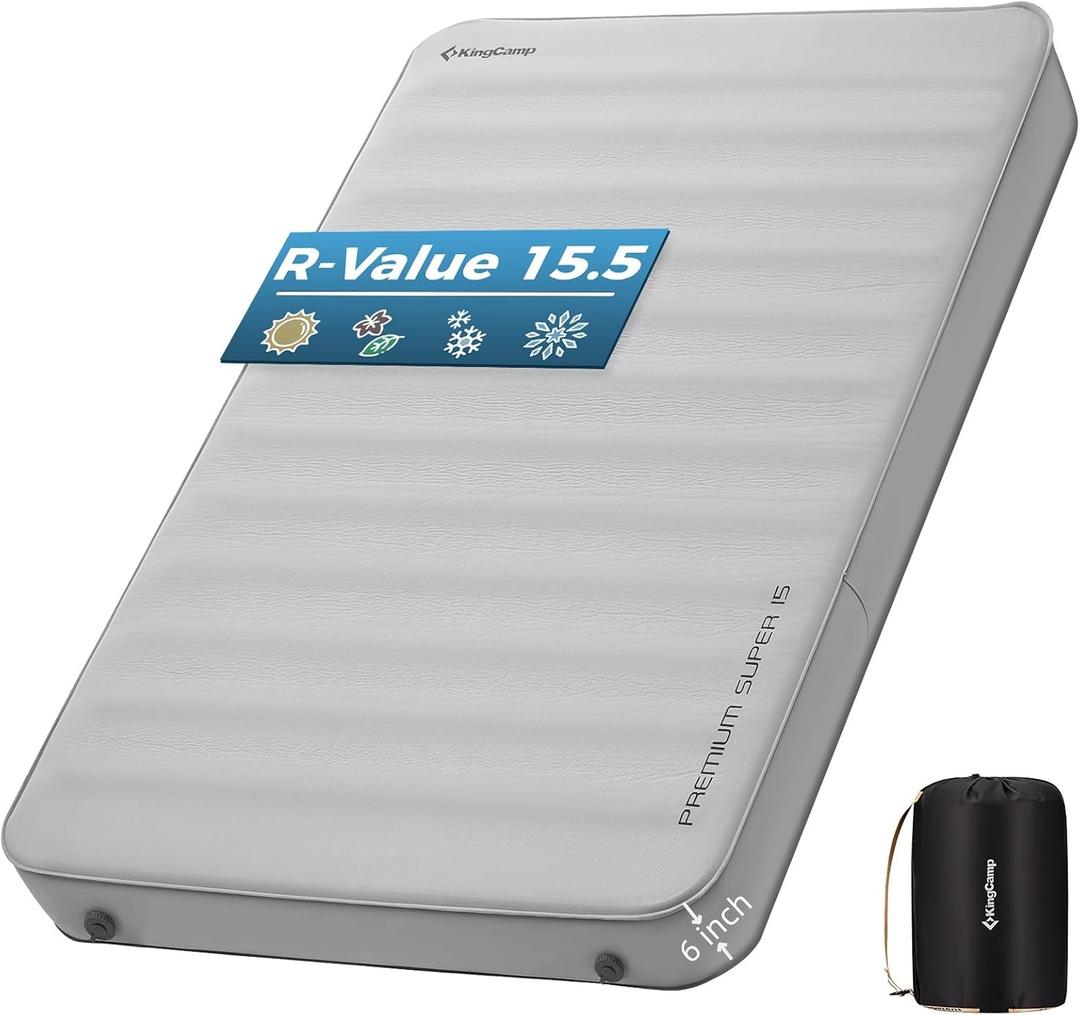 KingCamp Self Inflating Sleeping Pad, 6" Ultra Thick R 15.5 Air & Foam Camping Mattress 2 Person, Full Size Double Sleeping Pad for Camp Tent Outdoor Car, PVC Free, Grey