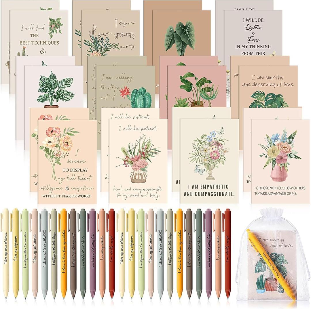 24 Set/48 Pcs Positive Affirmation Gift Set Gratitude Notebooks with Pens Small Bags Motivational Encouragement Notepads Daily Affirmations Journal for Women Stress Relief Self Care (Flower)