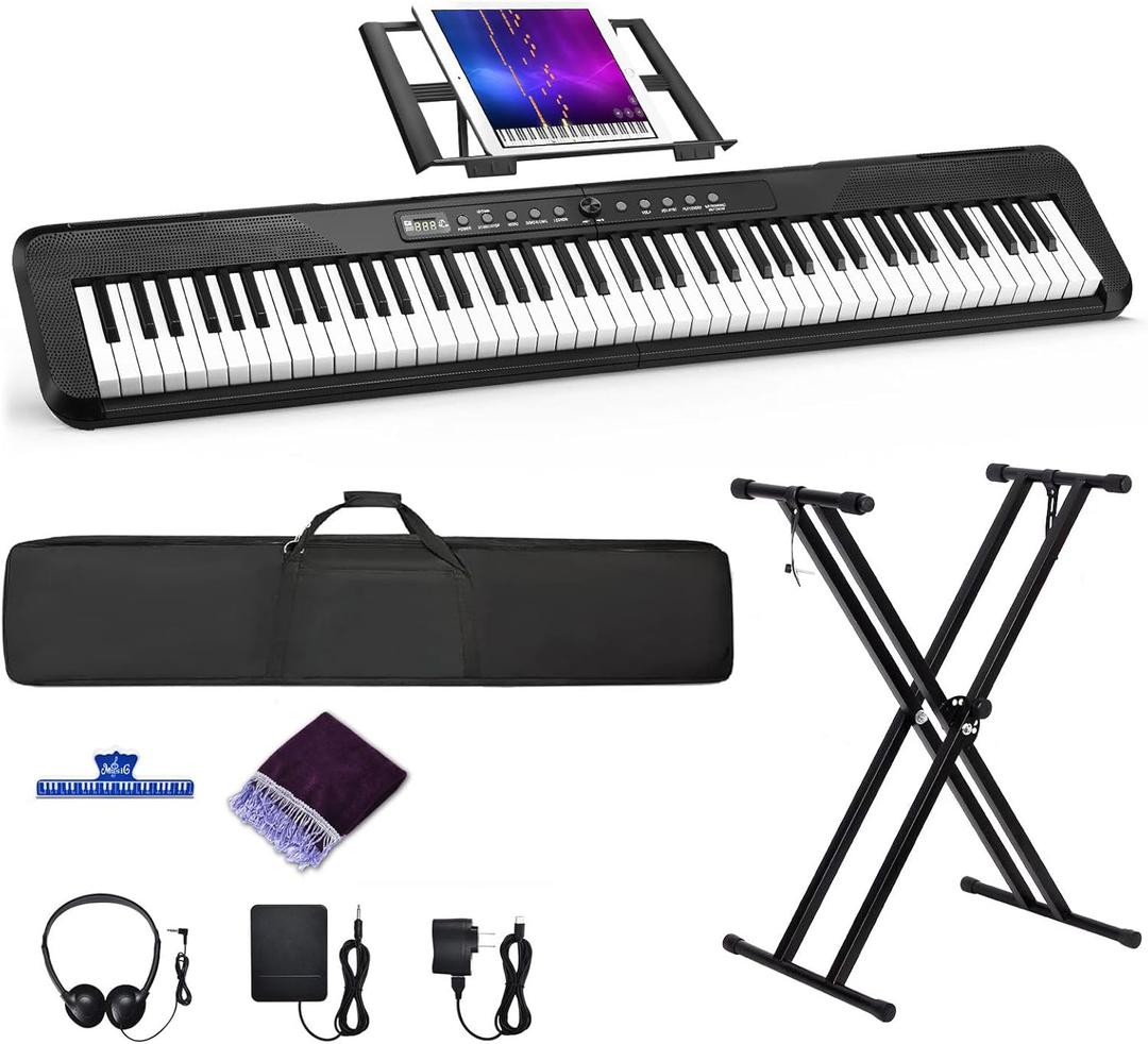 88 Key Piano Keyboard, Semi Weighted Electronic Digital Piano with Music Stand, Power Supply, Sustain Pedal, Bluetooth, Stand, MIDI, for Beginner at Home, Stage