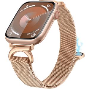 Stainless Steel Loop Compatible with Apple Watch Band 38/40/41/42/44/45/46/49mm, Women Metal Mesh Magnetic Slim Strap with C-Shape Clasp for iwatch SE Series 10/9/8/7/6/5/4/3/2/1 Ultra 1/2
