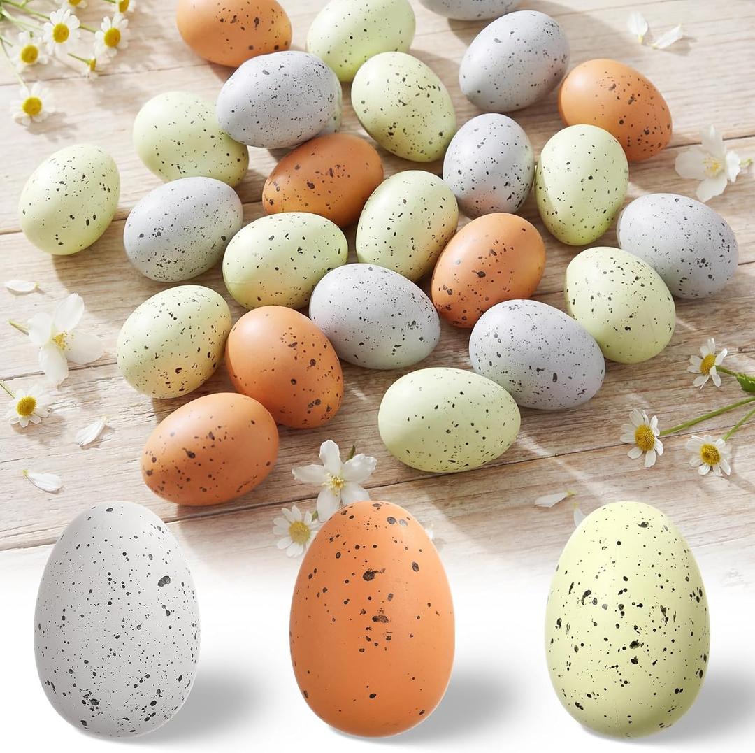 Beeveer 60 Pcs Pastel Easter Speckled Eggs 2.4 in Plastic Speckled Eggs with Pulp Cartons Vase Filler Bowl Basket for DIY Spring Easter Rustic Decor DIY Game Kitchen Craft Adornment(Classic Colors)