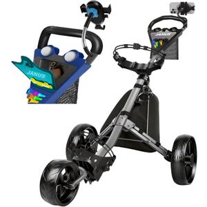 JANUS Pace Golf Push Cart with Integrated Gooseneck Viewing System, 3-Wheel Foldable Golf Cart with One-Click Folding System, EVA Wheels, Foot Brake, Cooler Bag & Golf Bag Support System