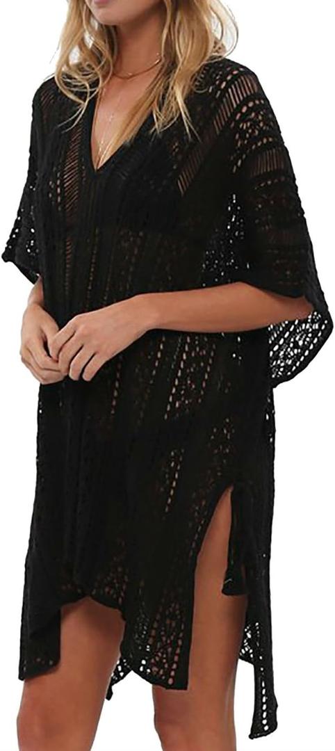 Bathing Suit Cover Up Bikini Swimsuit Crochet Beachwear Swimwear Dress (One Size, Black)