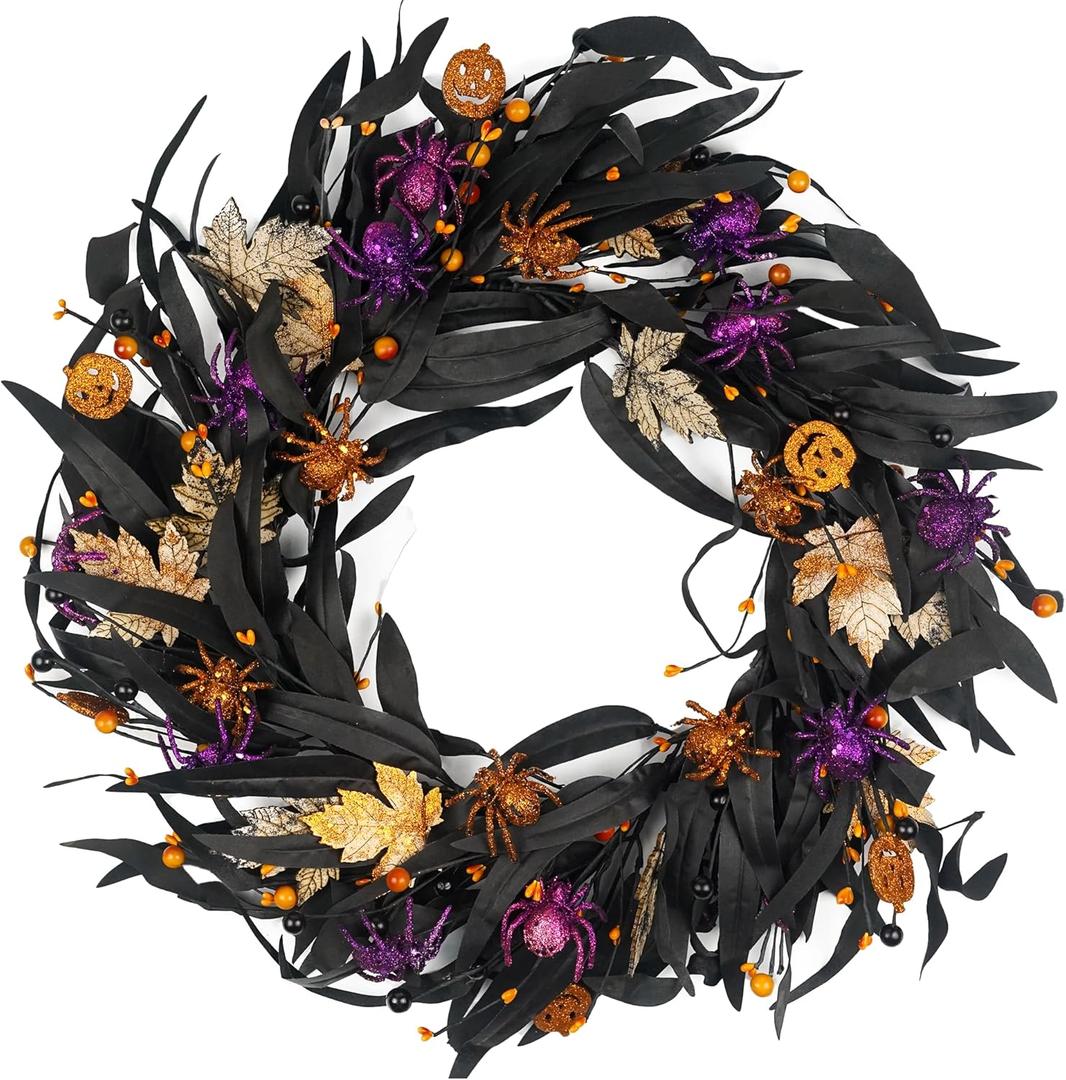 20 Inch Halloween Wreath with Olive, Maple Leaf, Pumpkin & Spider - Indoor/Outdoor Decoration for Fall & Autumn