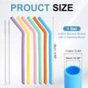 uxcell Reusable Bent Silicone Straws, 10'' x 9 mm Silicone Straws Set with 2 Brushes for Milk Tea Juice Other Beverages, Purple/Yellow/Orange/Pink/Light Blue/Dark Green, Set of 6