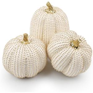 3PCS Resin Pumpkin Statues Fall Pumpkin Decor Thanksgiving Decorations White and Gold Glitter Pumpkins for Table Centerpiece for Farmhouse Fall Gift Kitchen Mantel