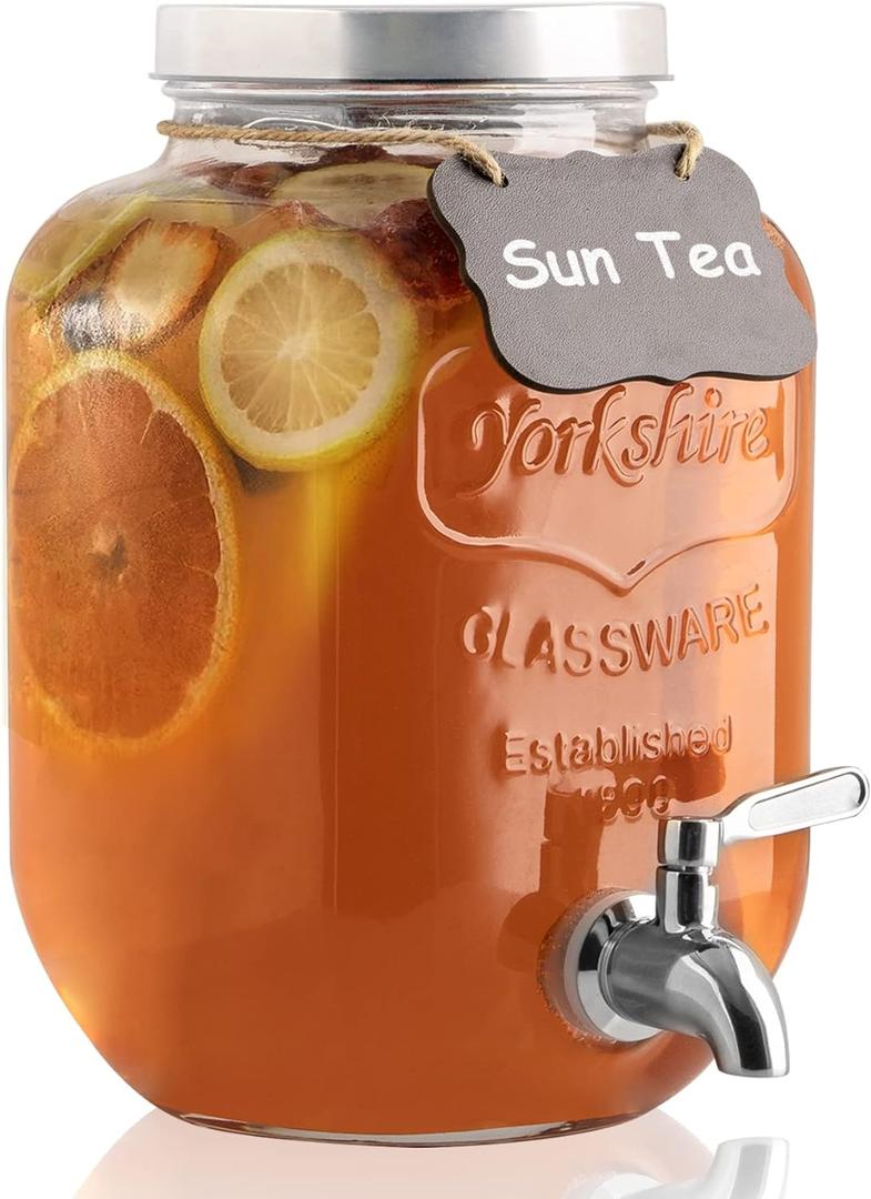 1 Gallon Drink Dispenser with Spigot 18/8 Stainless Steel  Airtight & Leakproof Glass Sun Tea Jar with Anti-Rust Lids, Beverage Dispenser for Parties - Laundry Detergent Holder (Single, Silver)