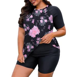 Tralilbee Plus Size Swimsuit for Women Two Piece Short Sleeve Swim Tops Bathing Suits with Shorts L-4X 