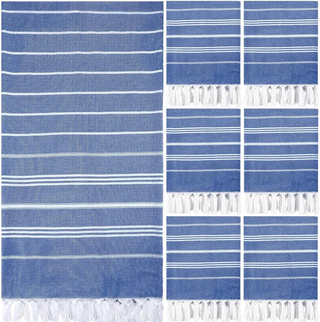 Moukeren 6 Pcs Turkish Beach Towels 35 x 71 Inch Turkish Cotton Travel Towels Large Quick Dry Sand Beach Supplies for Bath, Pool(Royal Blue)