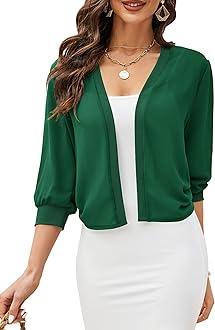 CHAMA Women's 3/4 Sleeve Shrugs Chiffon Open Front Bolero Cardigan Mesh Sheer Shawl, M