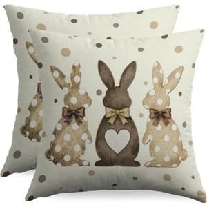 Easter Bunny Pillow Covers 20x20 Inch Set of 2 Brown Rabbit Bow Polka Dot Print Spring Holiday Decorative Throw Pillowcases Outdoor Seasonal Vintage Farmhouse Cushion Cases Decor for Sofa Couch Bed