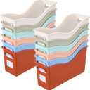 Meonum 12 Pcs Book Bin Bulk - Plastic Boho Classroom Storage Bin with Handle & Labels for School Home Office File Folder Binder Organization Supplies