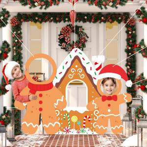 Christmas Gingerbread House Photo Backdrop, Christmas Photo Booth Backdrop Banner Large Fabric Face Gingerbread Holiday Party Background Wall Decorations for Xmas Holiday Party Supplies