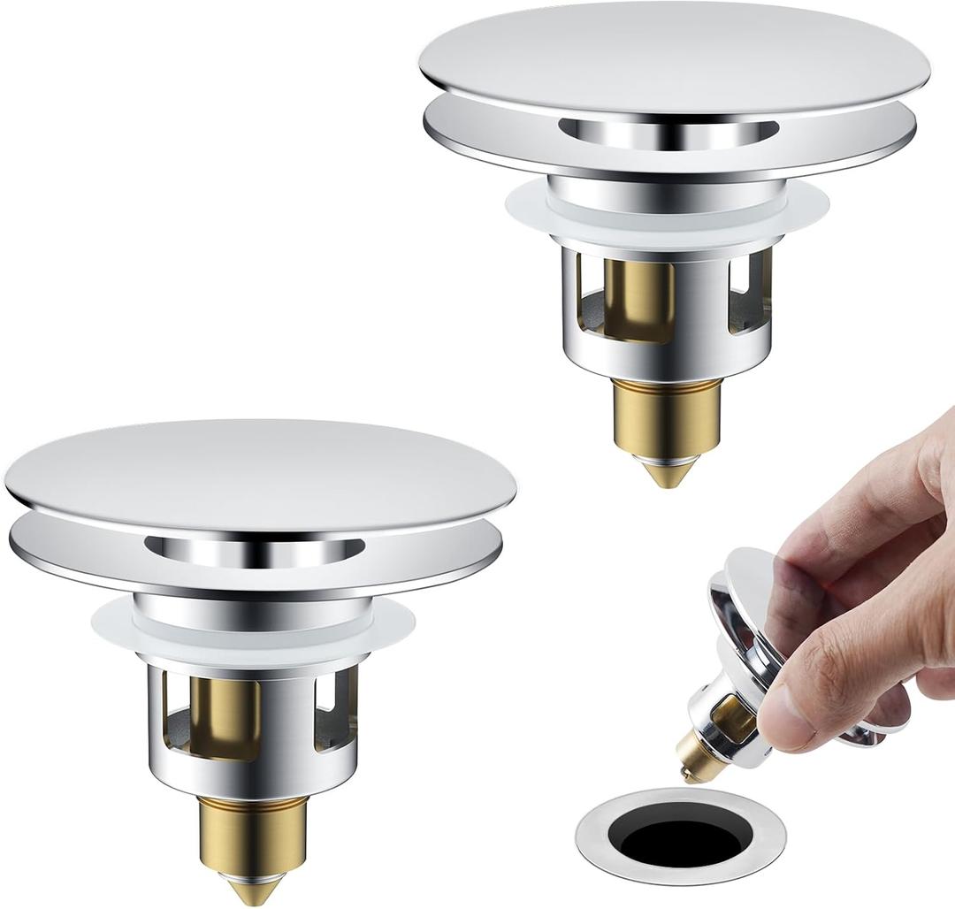 Universal 2PCS Bathroom Sink Stopper 2 in 1 Pop Up Metal Sink Drain Strainer with Hair Catcher, Fit for 1.1~2.36" Sink Basin Hole, Not for Bathtub, Big Cover Cap, Anti-clog, Chrome