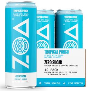 ZOA Zero Sugar Energy Drinks - Tropical Punch | Healthy Energy Formula with Natural Caffeine, Daily Vitamin C, Essential B-Vitamins | Gluten-Free, Keto Friendly | 12 Ounce Cans (Pack Of 12)(BBD: 05/28/26)